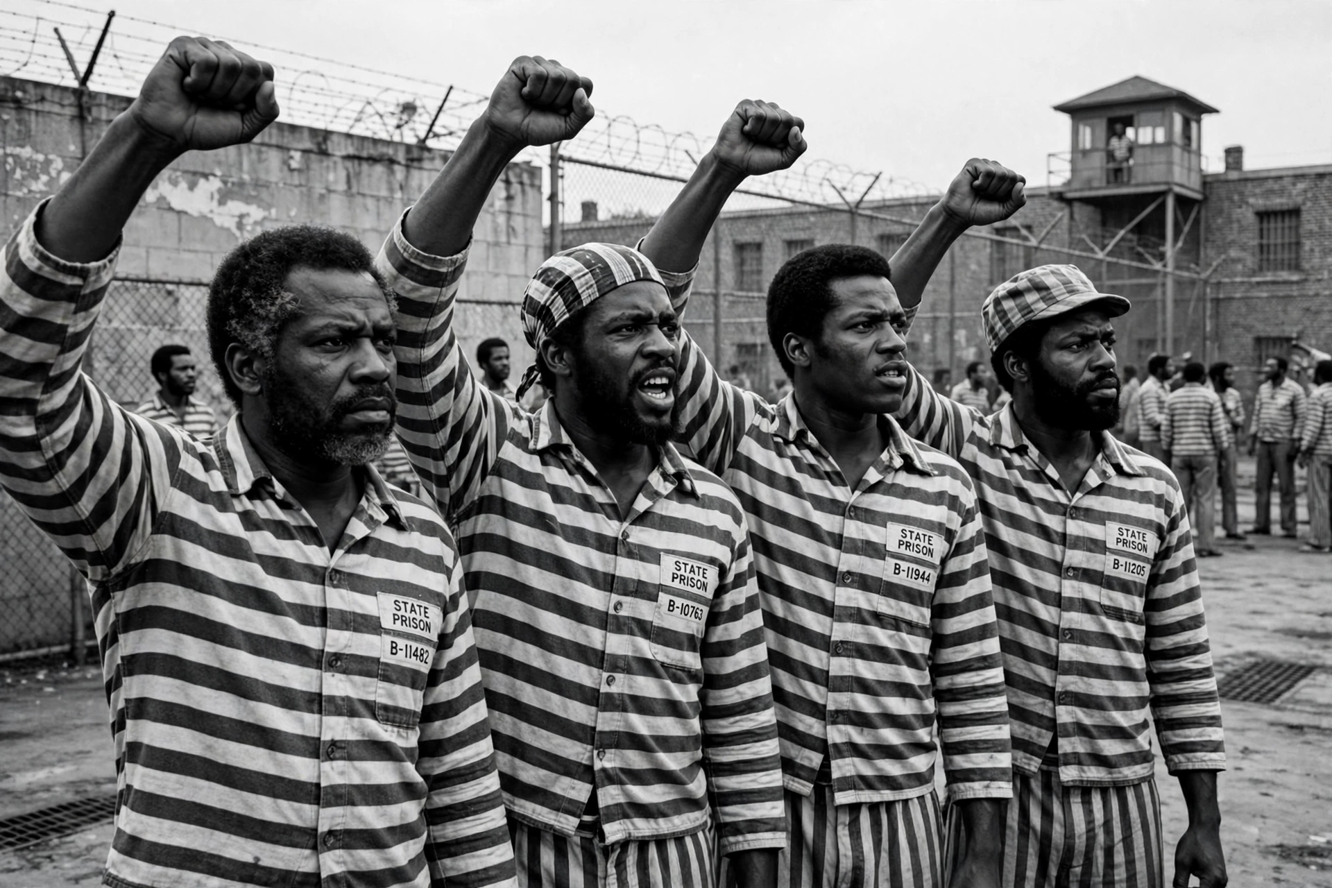 Black inmates in striped prison uniforms with raised fists — the 1971 Attica riot