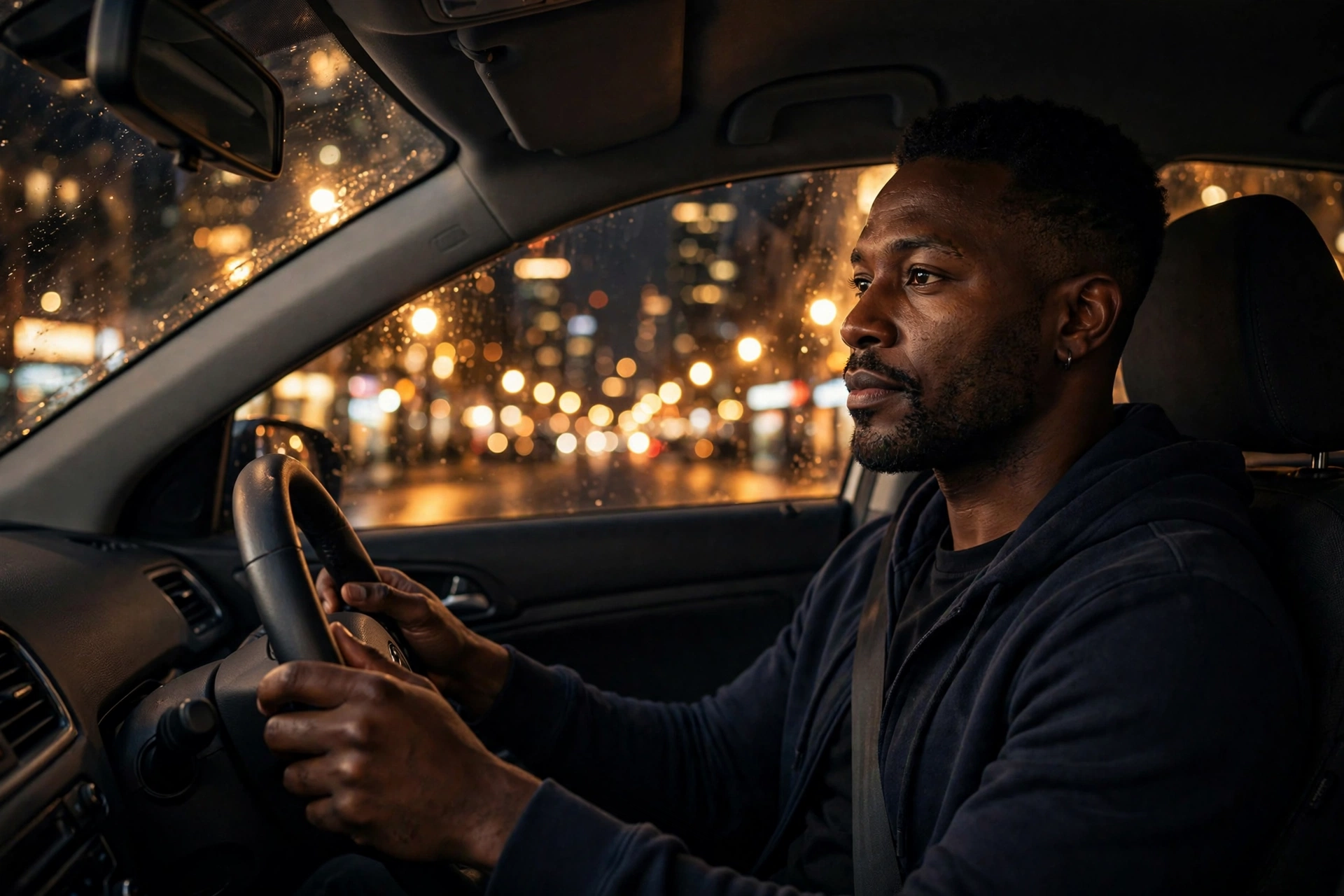 Black rideshare driver in his car at night — rideshare insurance costs squeeze Uber and Lyft drivers