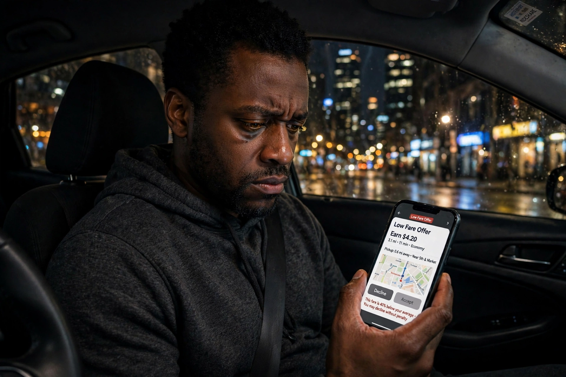 Black rideshare driver in his car at night staring at a low fare offer on his phone — Uber Lyft driver pay